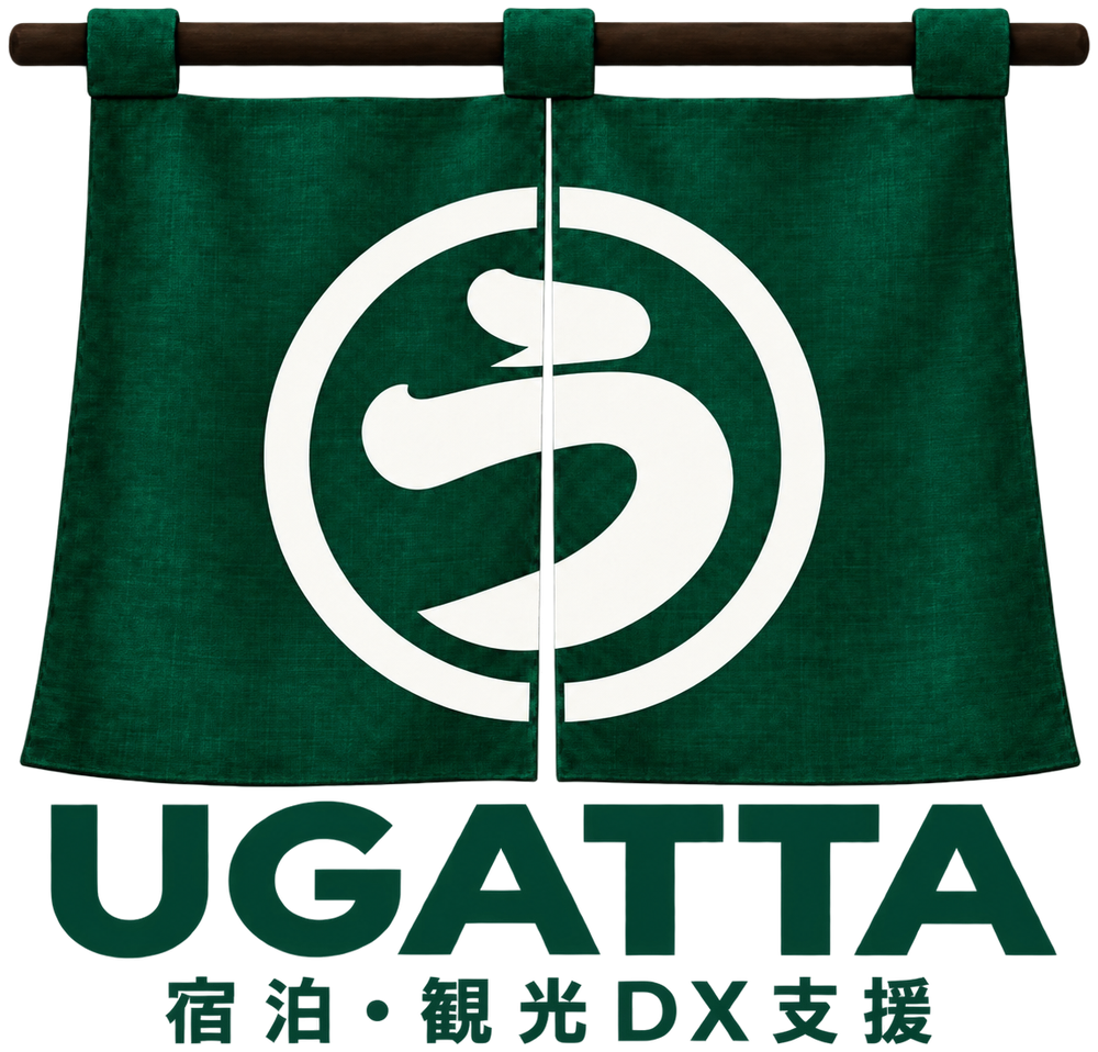 UGATTA 宿泊・観光DX支援 — 丸にうの紋を配した深緑の暖簾ロゴ